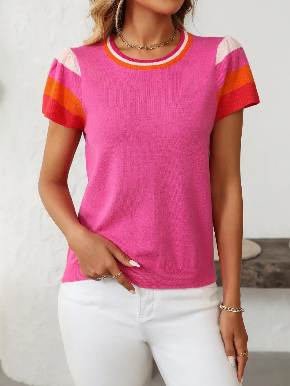 Contrast Round Neck Short Sleeve Knit Top, image 4