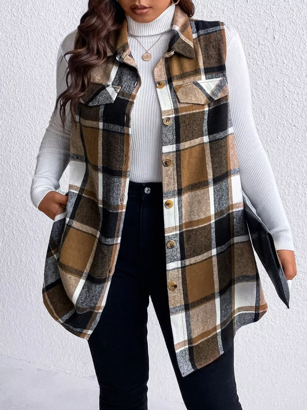 Plus Size Pocketed Plaid Button Up Vest Coat, image 14