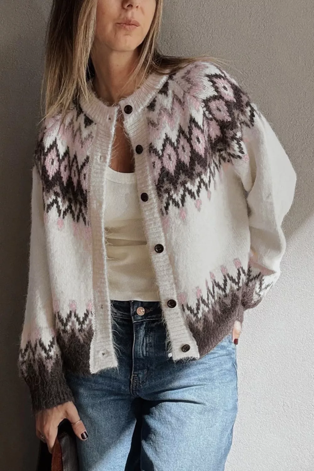 Geometric Pattern Brushed Knit Button Cardigan, image 2