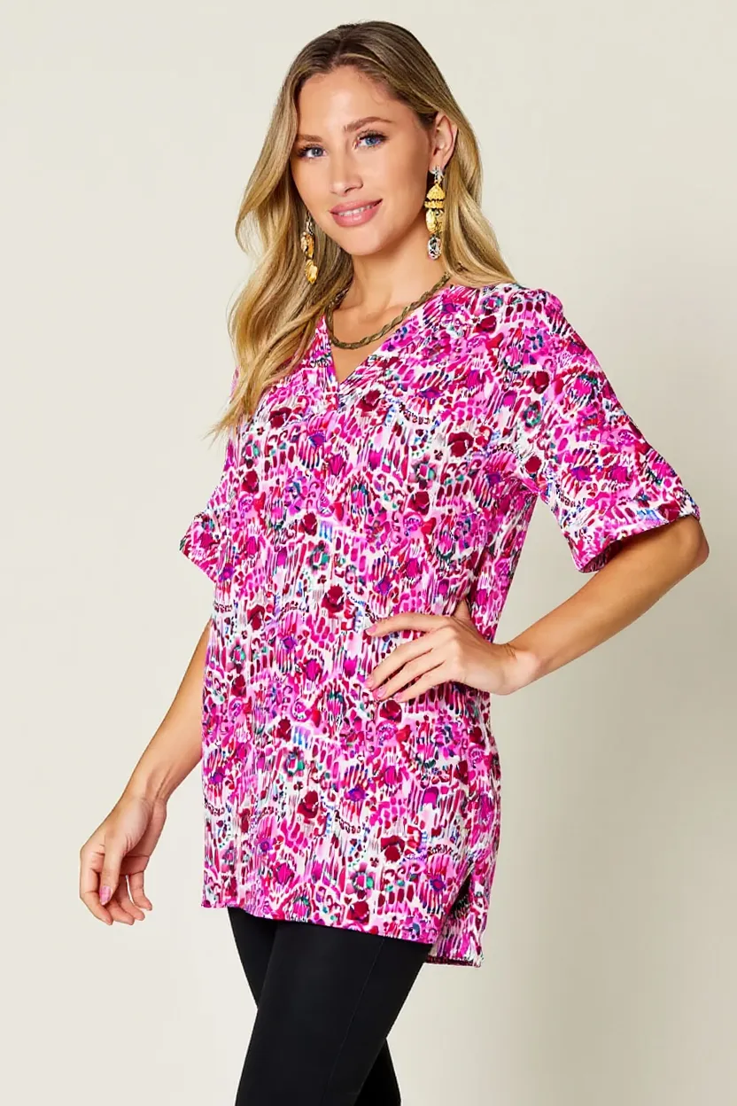 Full Size Printed V-Neck Short Sleeve Blouse, image 14
