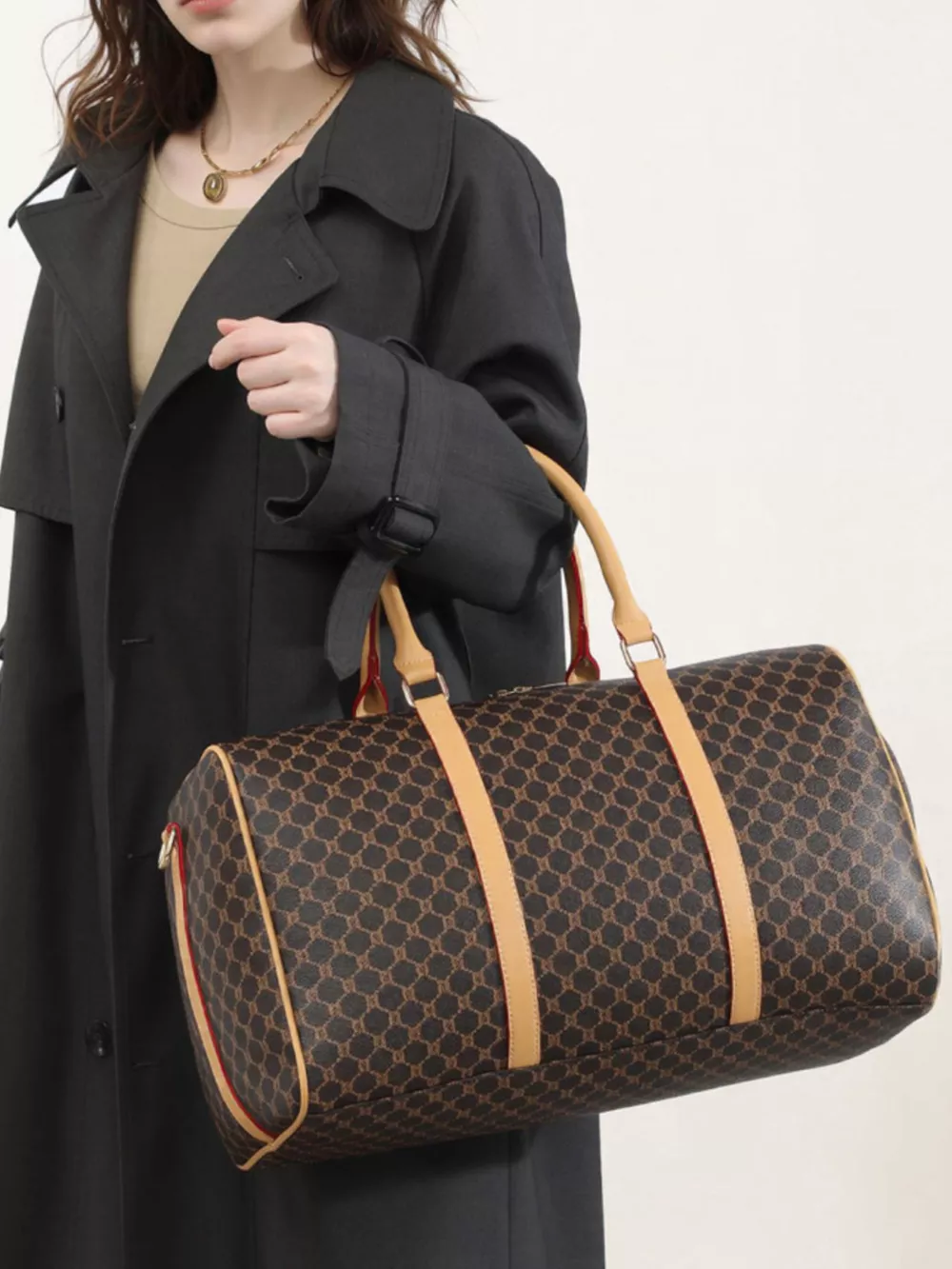 Patterned Leather Travel Duffle Bag with Reinforced Handles, image 3