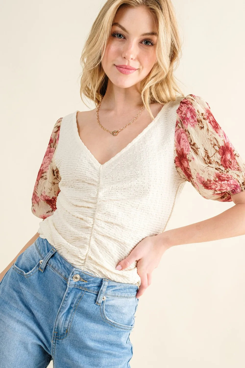 Full Size Floral Print Textured Sleeve Knit Top, image 3