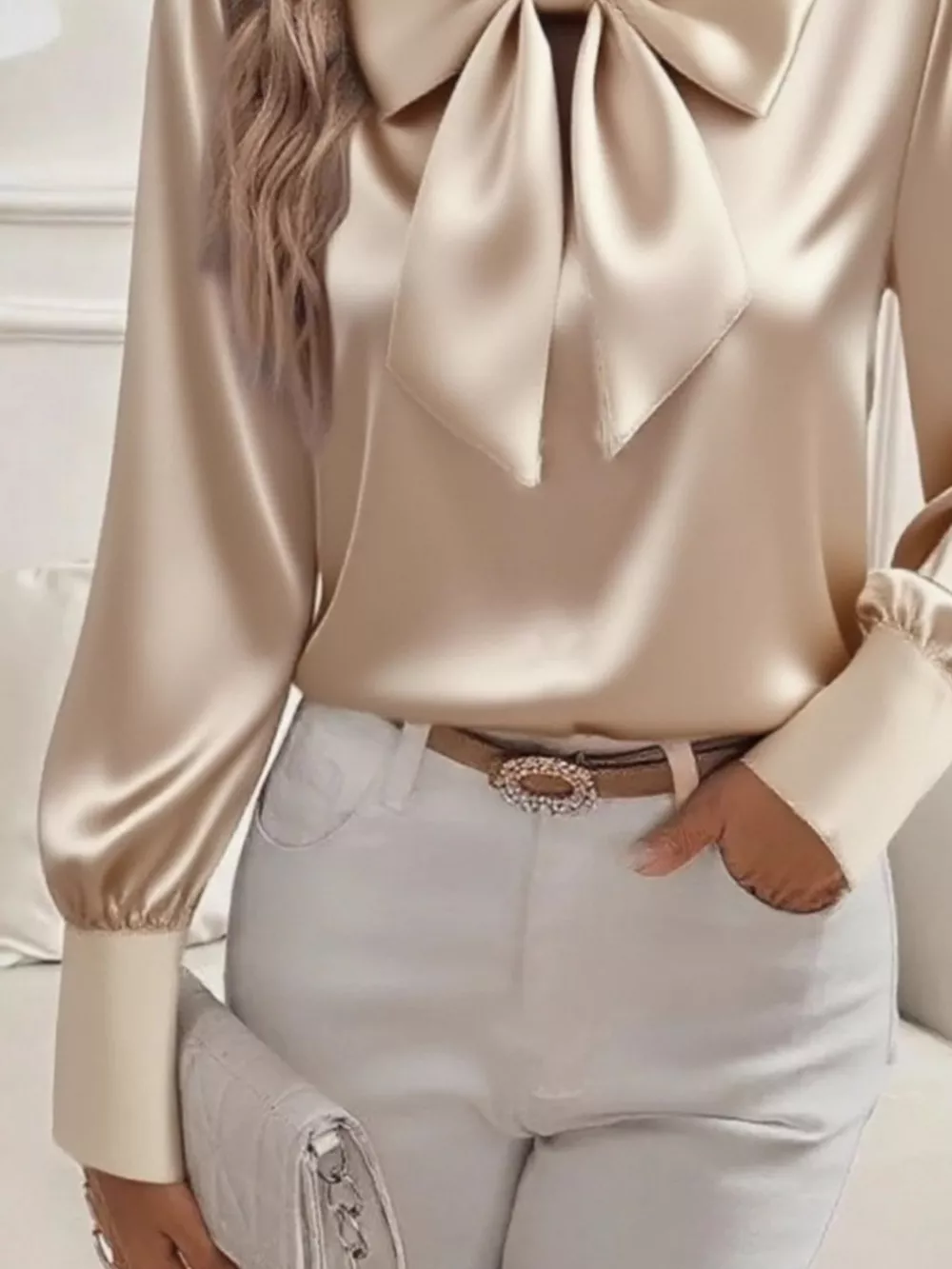 Satin Bow Tie Long Sleeve Top, image 6