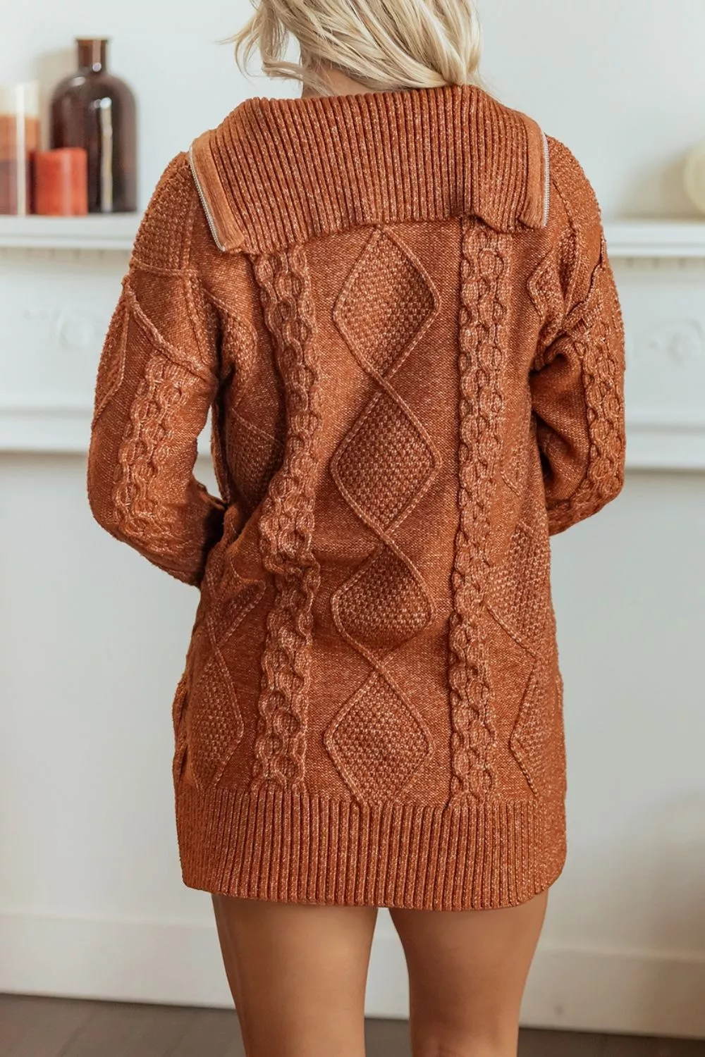 Zip-Up Cable Knit Drop Shoulder Sweater Dress, image 4