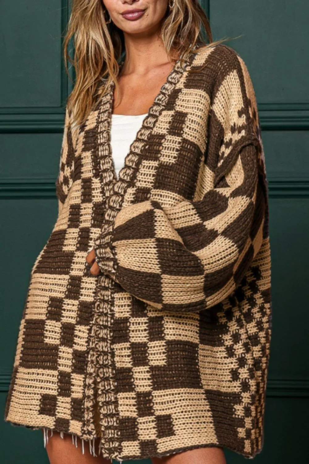Checkered Open Front Long Sleeve Cardigan, image 10