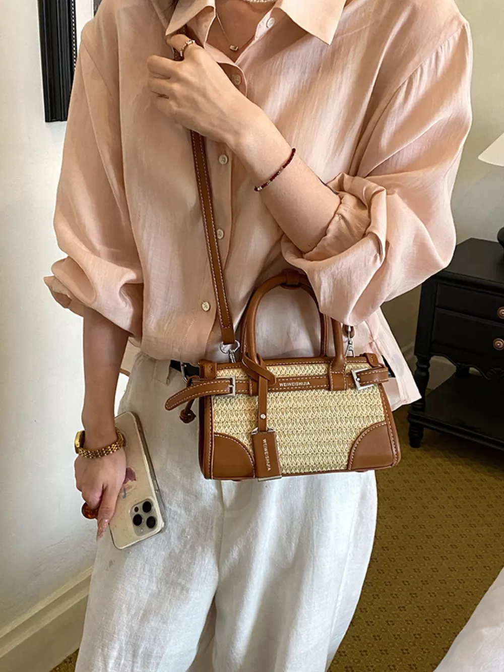 Leather Trim Woven Crossbody Bag, image 5