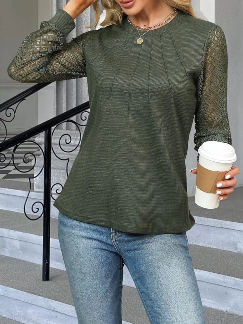 Waffle-Knit Round Neck Long Sleeve Blouse, image 14