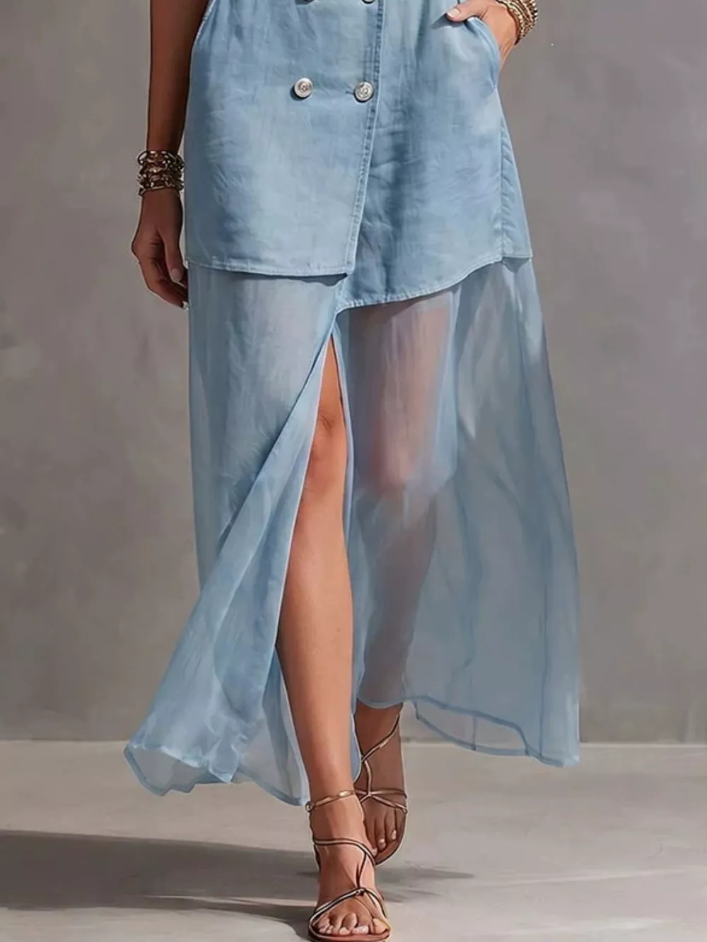Sleeveless Double-Breasted Denim Maxi Dress, image 4