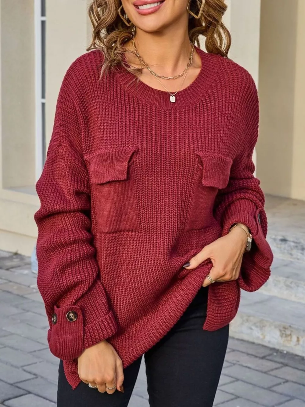 Pocket Detail Round Neck Sweater, image 19
