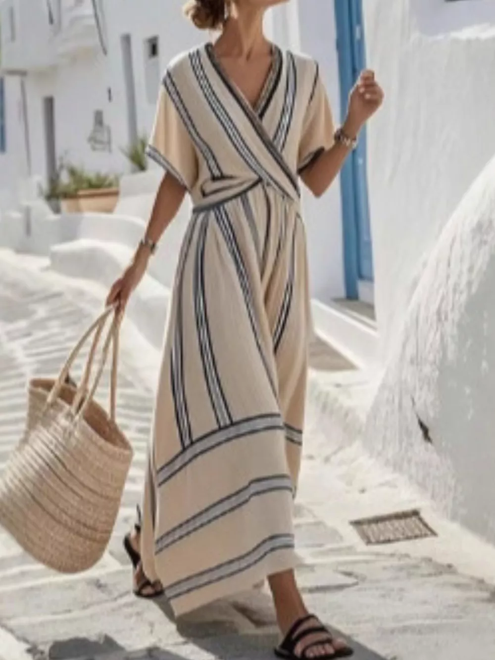 Full Size Striped Surplice Half Sleeve Midi Dress Plus Size