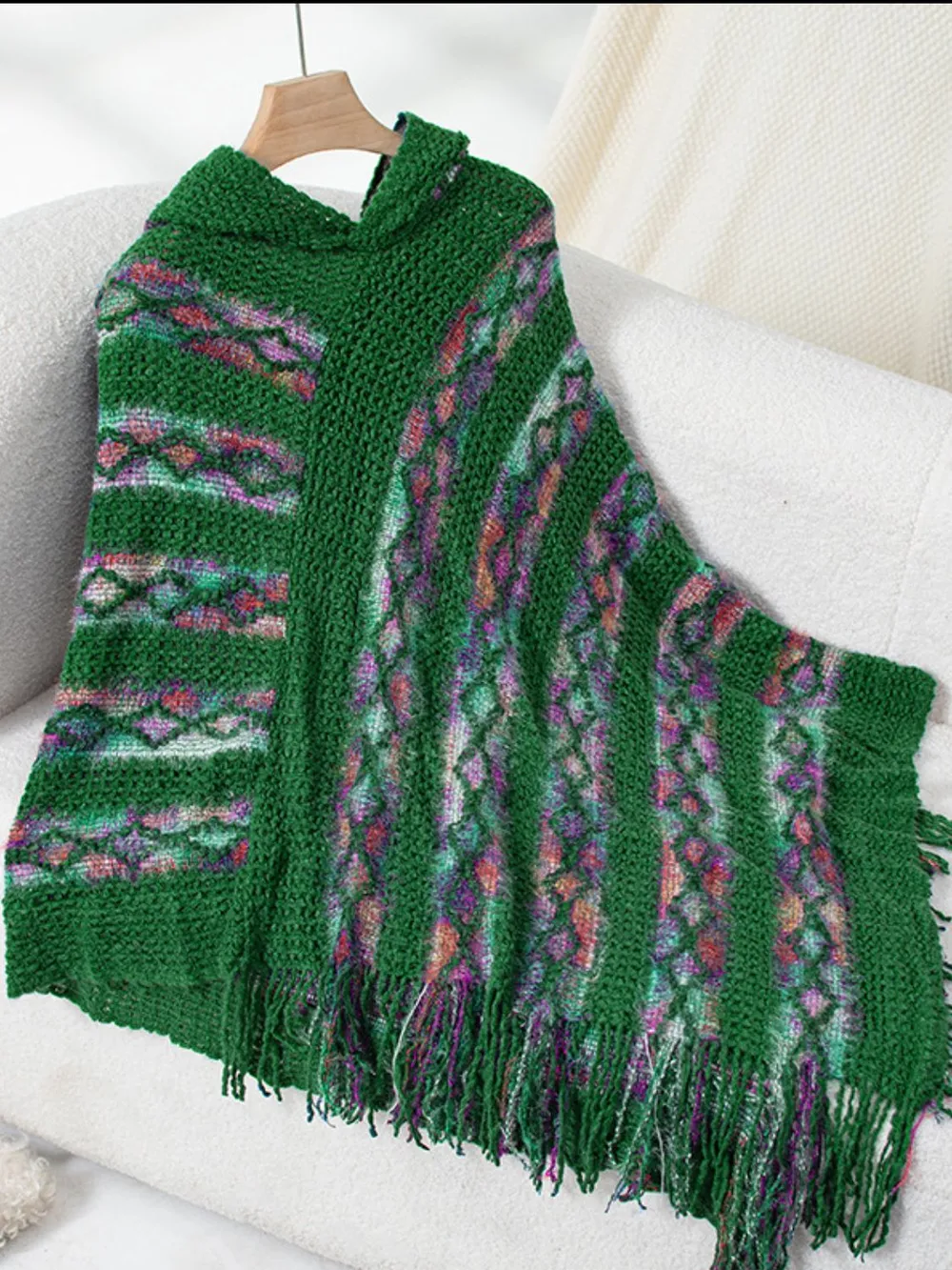 Fringe Contrast Hooded Poncho, image 12