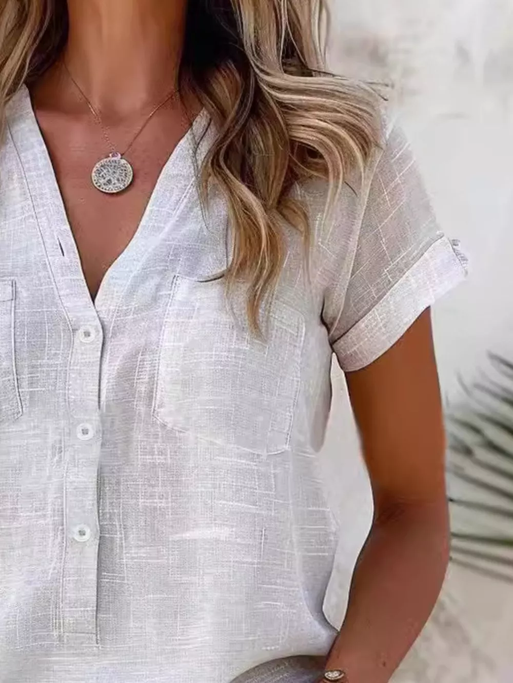 Full Size Casual V-Neck Button-Up Top Plus Size, image 2