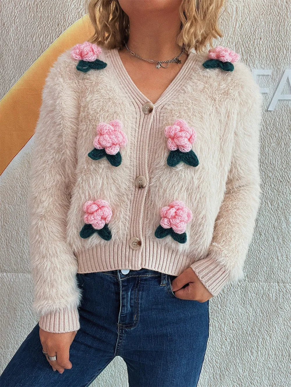 Flower Fuzzy Button-Up Cardigan