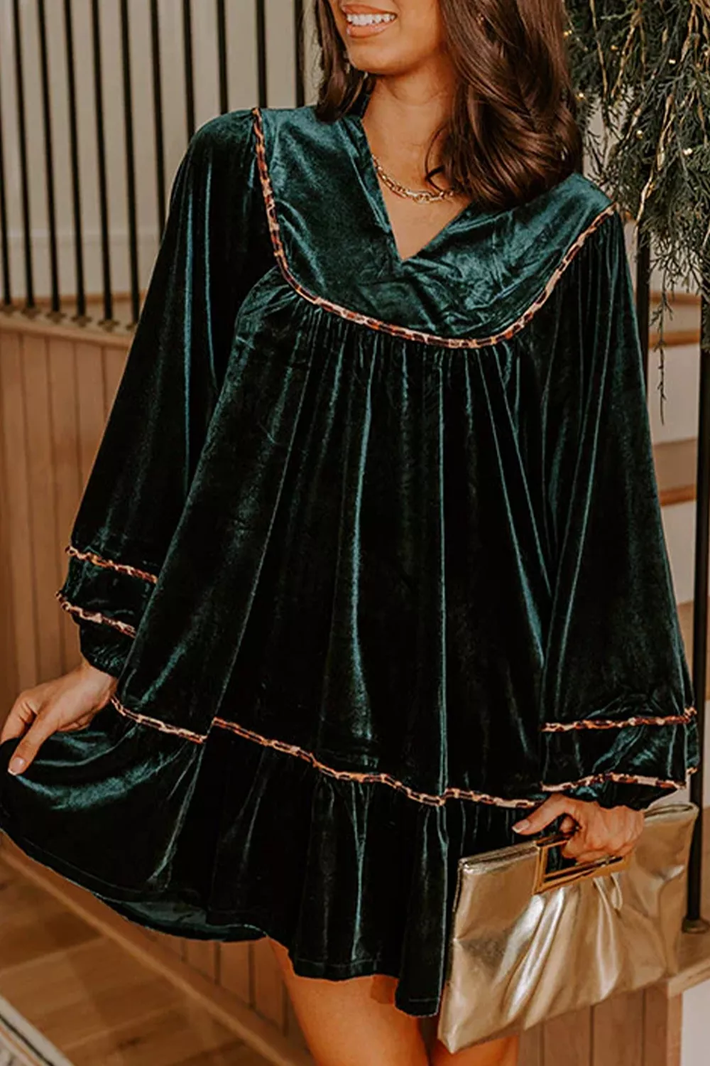 Leopard Trim Velvet Long Sleeve Shift Dress, image 4