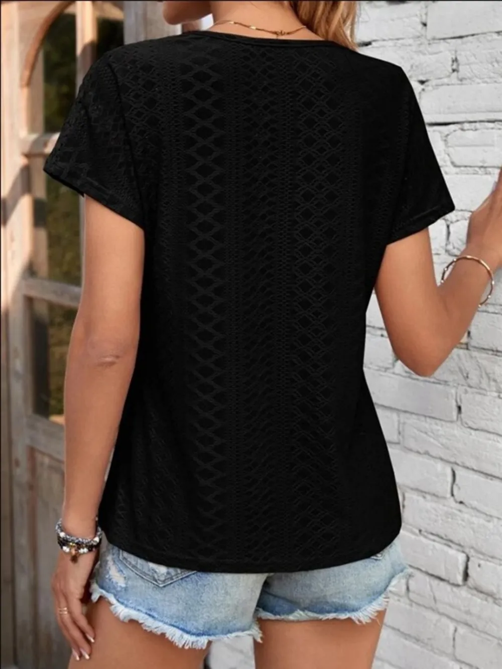 Eyelet V-Neck Short Sleeve T-Shirt, image 2