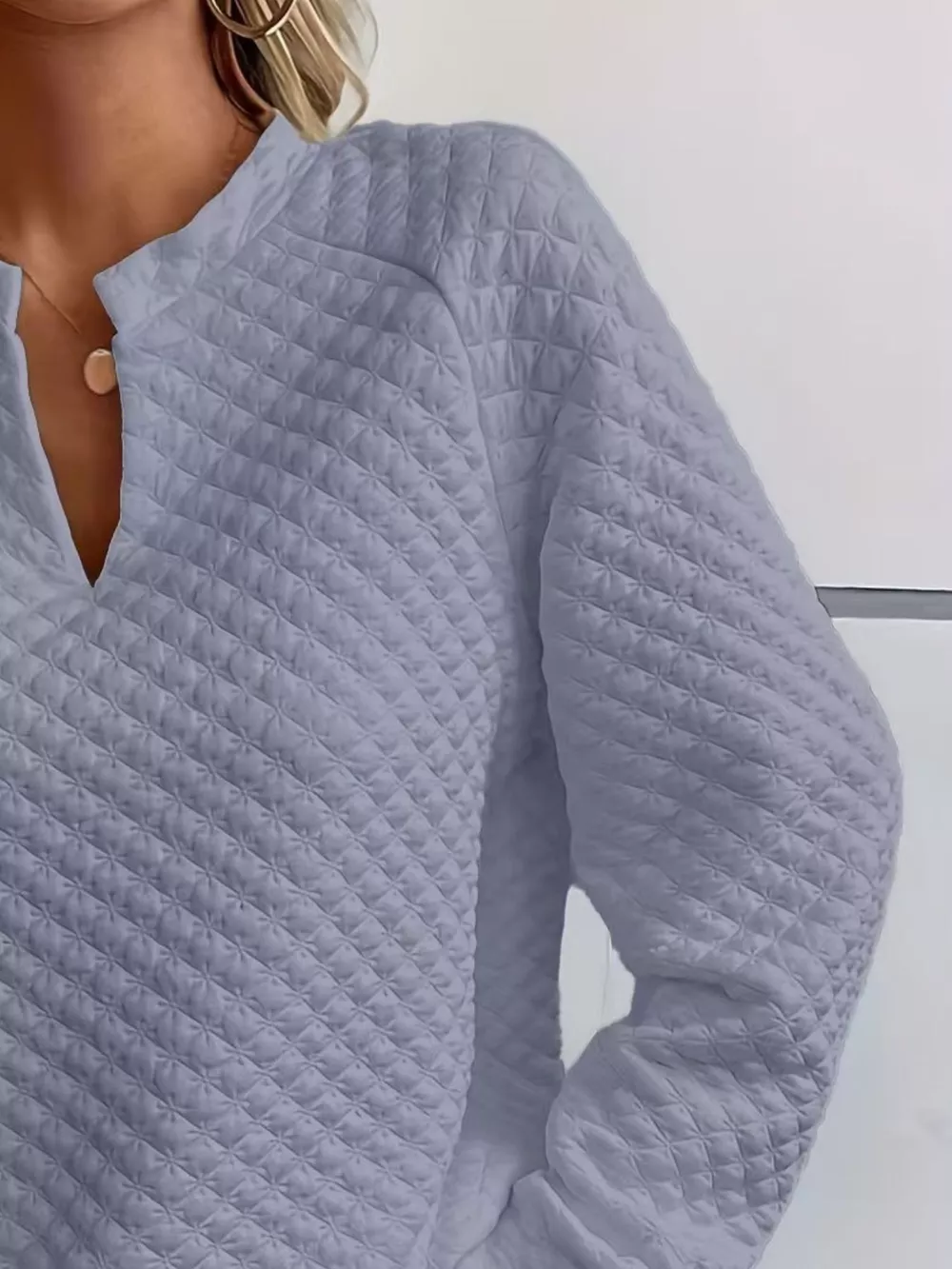 Quilted Texture Long Sleeve Sweatshirt with Notched Neck, image 9
