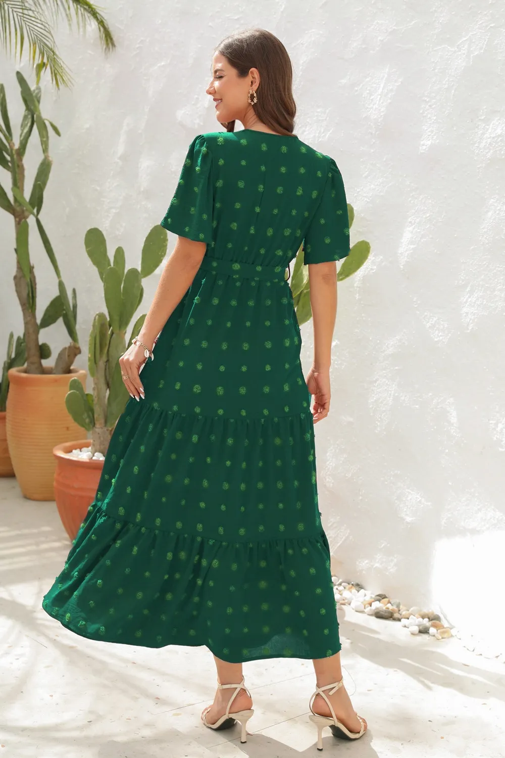 Swiss Dot Tied Surplice Short Sleeve Dress, image 3