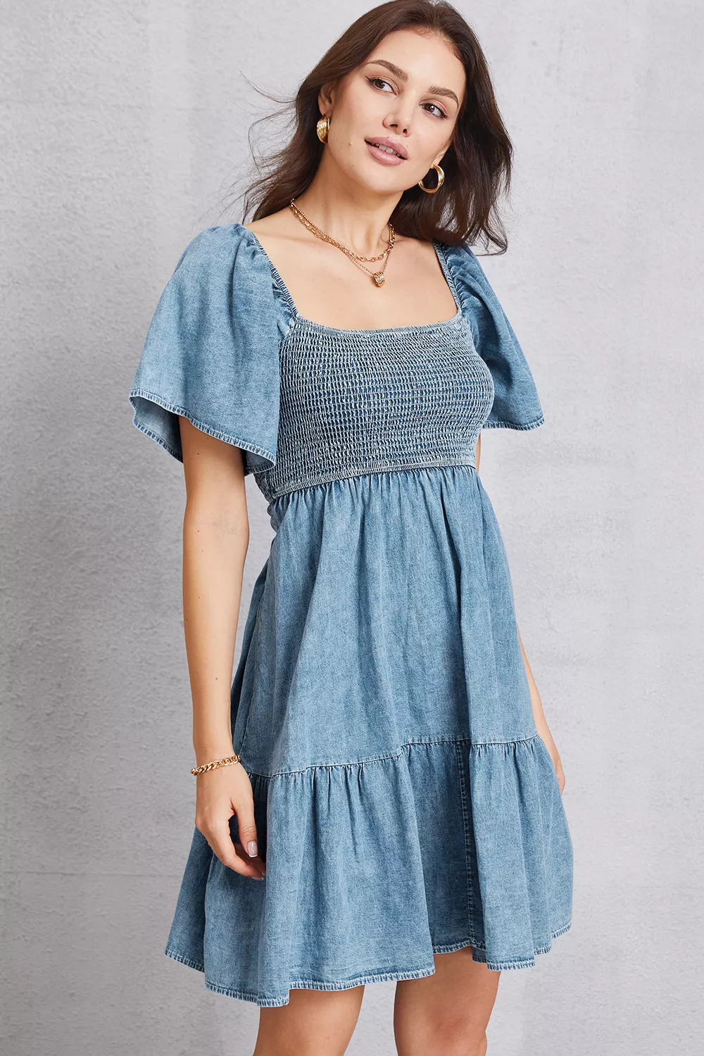 Smocked Square Neck Mini Denim Dress, image 4