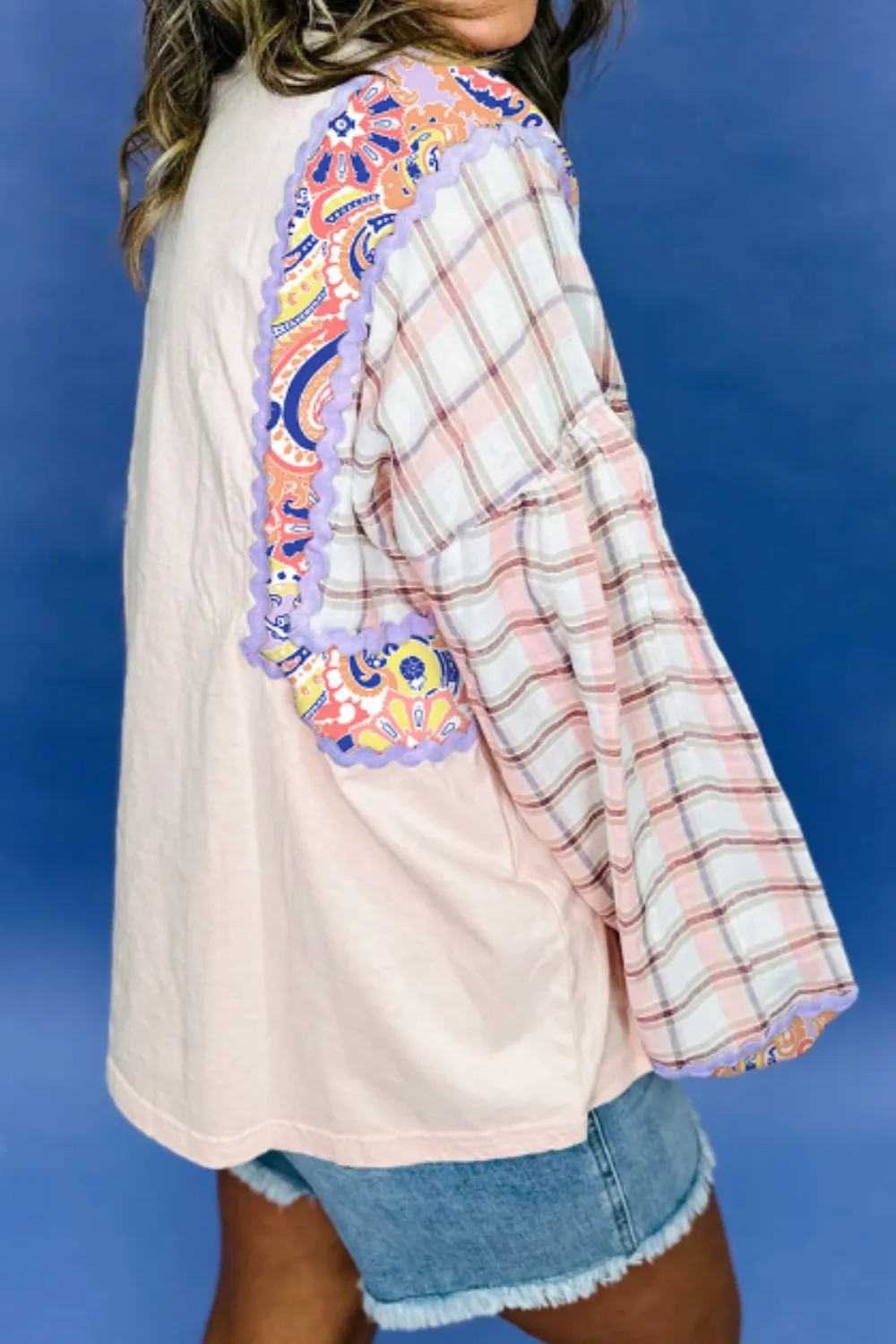 Paisley Print Plaid Long Sleeve Oversized Top, image 7