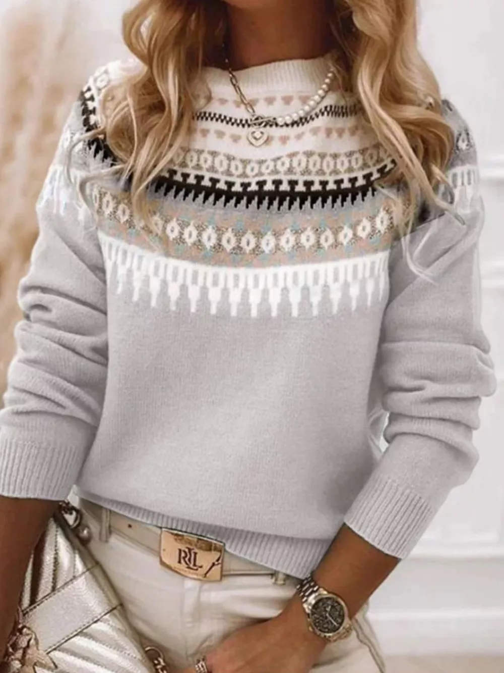 Full Size Vintage Patterned Round Neck Sweater Plus Size, image 31