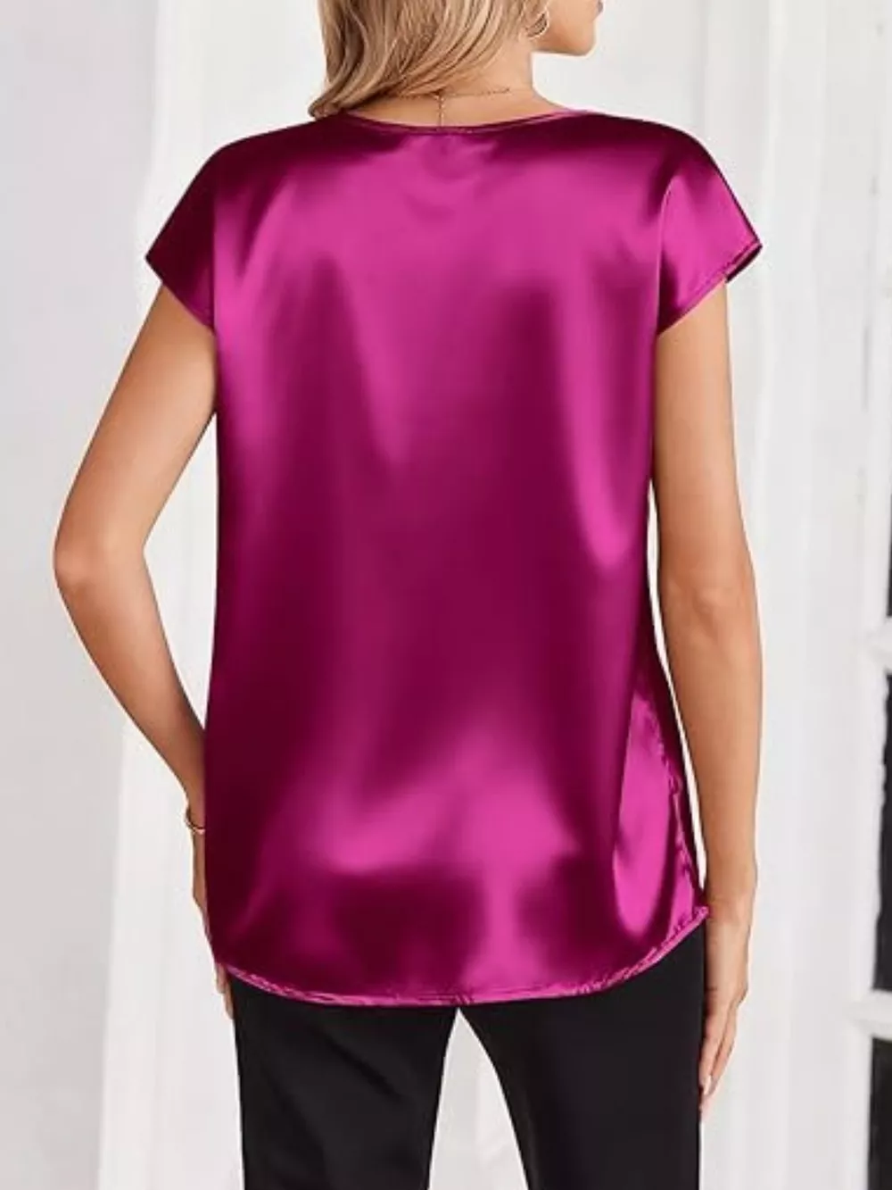 Satin V-Neck Short Sleeve Blouse, image 7