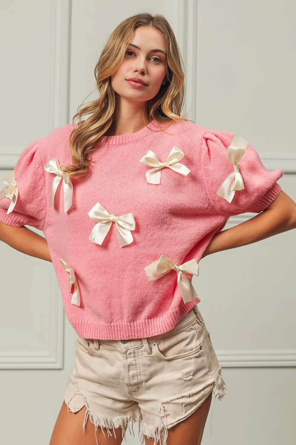 Ribbon Bow Detail Puff Sleeve Sweater, image 4
