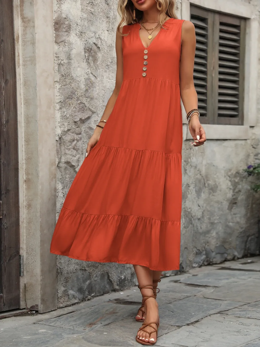 Decorative Button Notched Sleeveless Dress, image 15