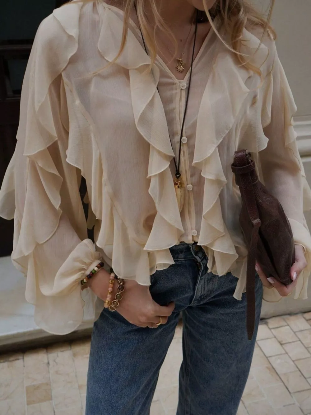 Ruffled Sheer Long Sleeve Blouse, image 18