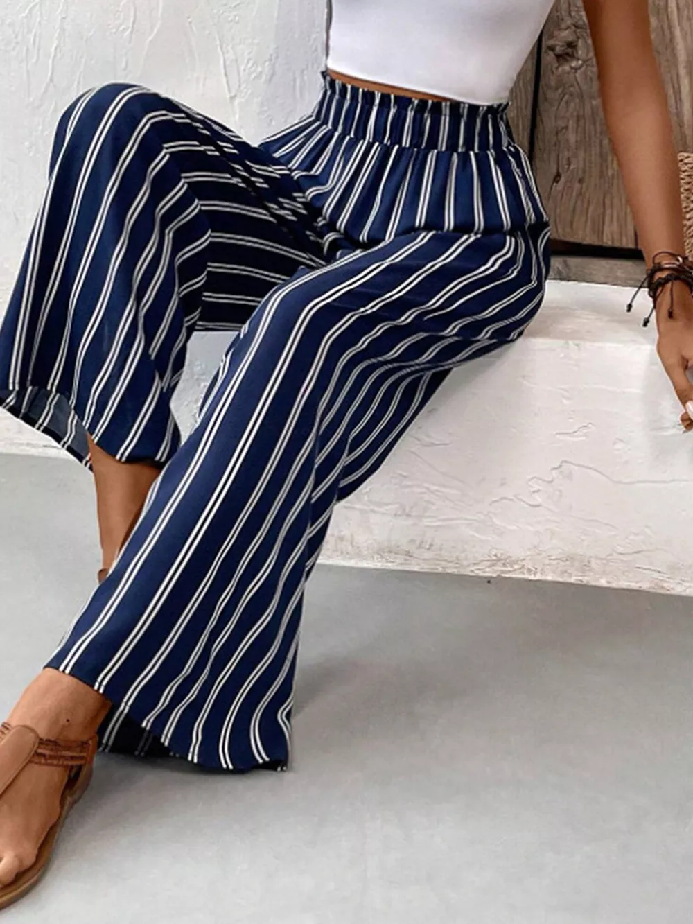 Striped Wide-Leg Pants with Elastic Waistband, image 3
