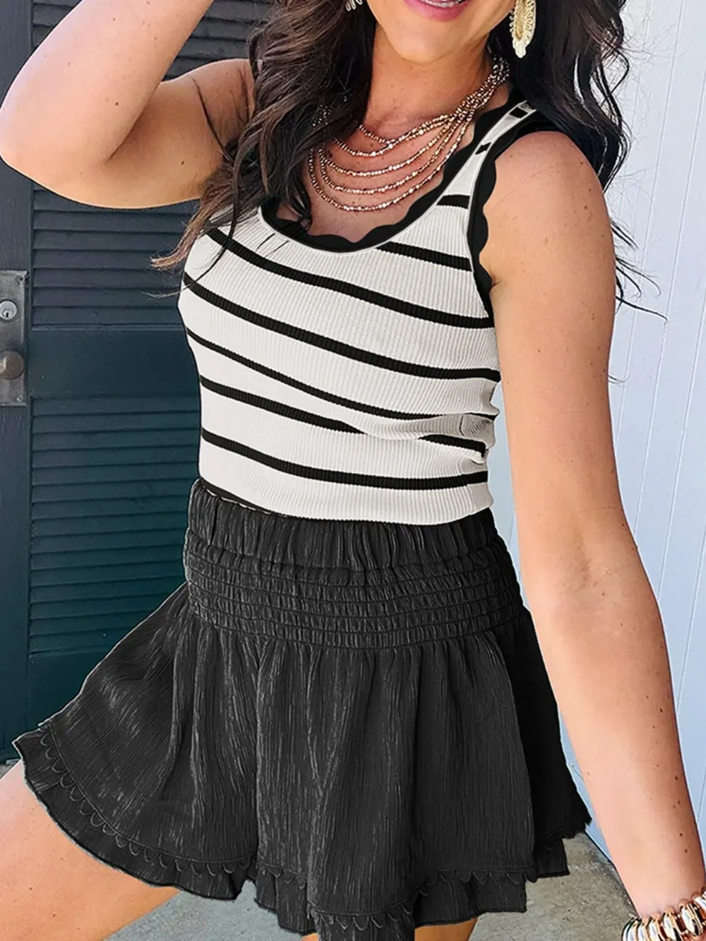 Stripe Scalloped Edge Crew Neck Knit Tank Top, image 5