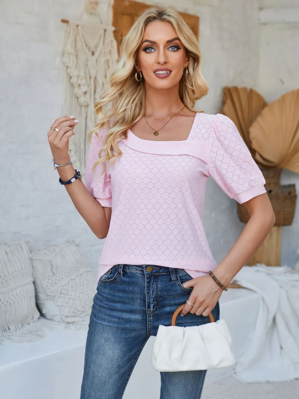 Eyelet Asymmetrical Neck Short Sleeve T-Shirt, image 2