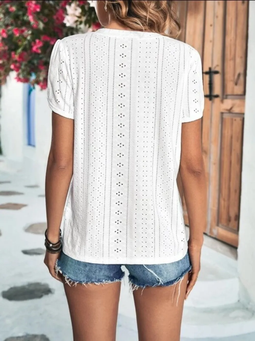 Eyelet V-Neck Petal Sleeve T-Shirt, image 14
