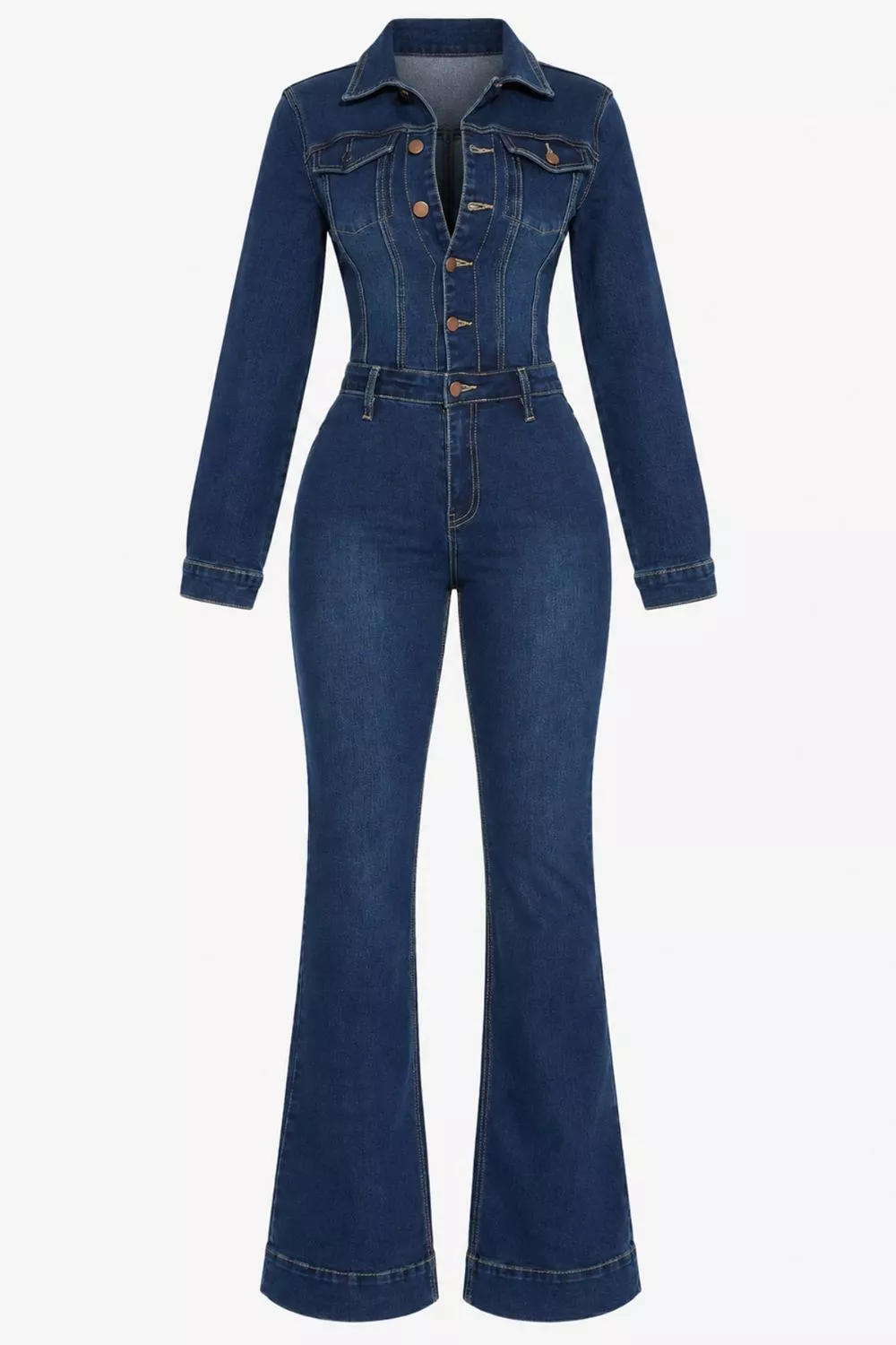 Slim-Fit Long Sleeve Denim Jumpsuit with Flared Legs, image 8