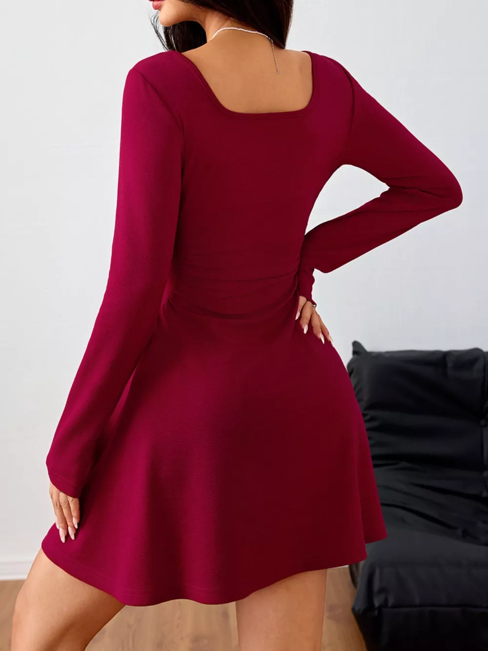 Square Neck Long Sleeve Ruched Waist Mini Dress, image 5