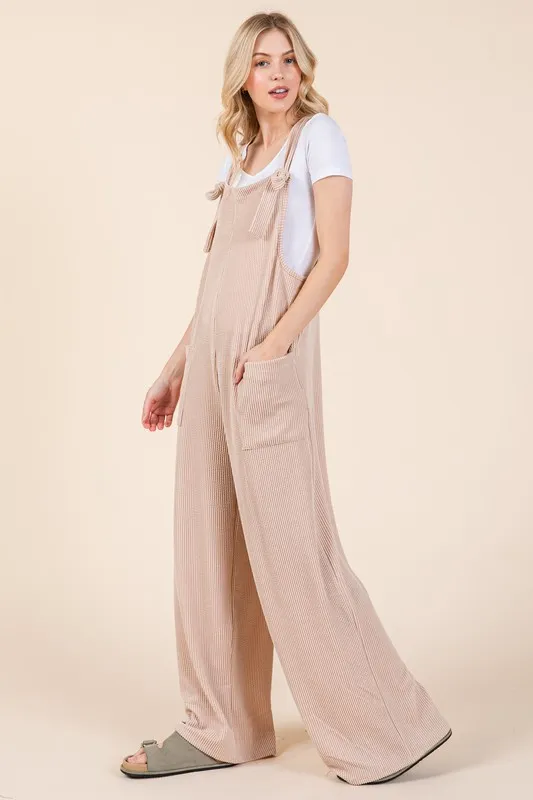 Knot Straps Wide Leg Ribbed Overalls with Pockets, image 4