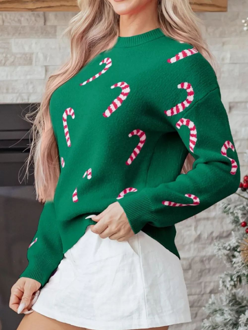 Christmas Candy Cane Holiday Drop Shoulder Sweater, image 3