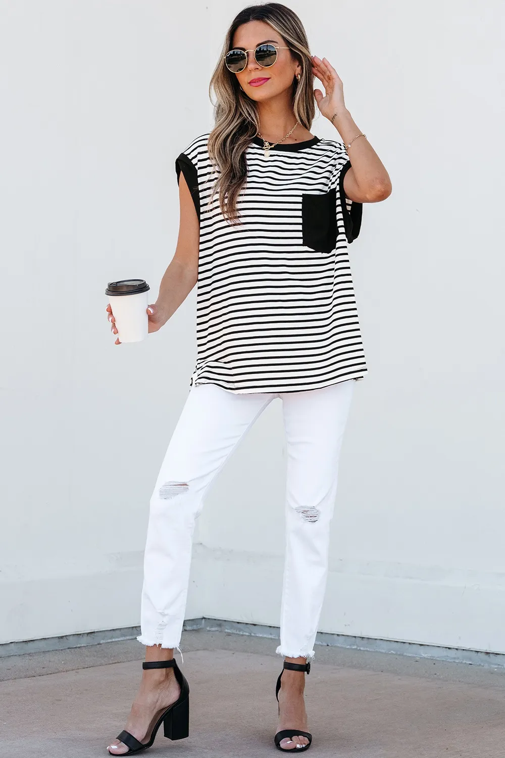 Striped Round Neck Cap Sleeve Top, image 11