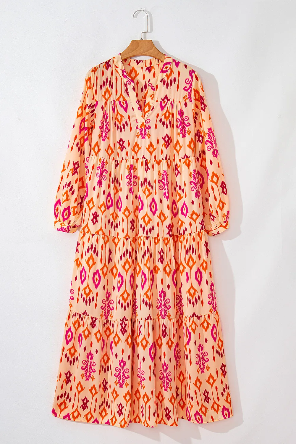 Tiered Printed Notched Long Sleeve Midi Dress, image 5