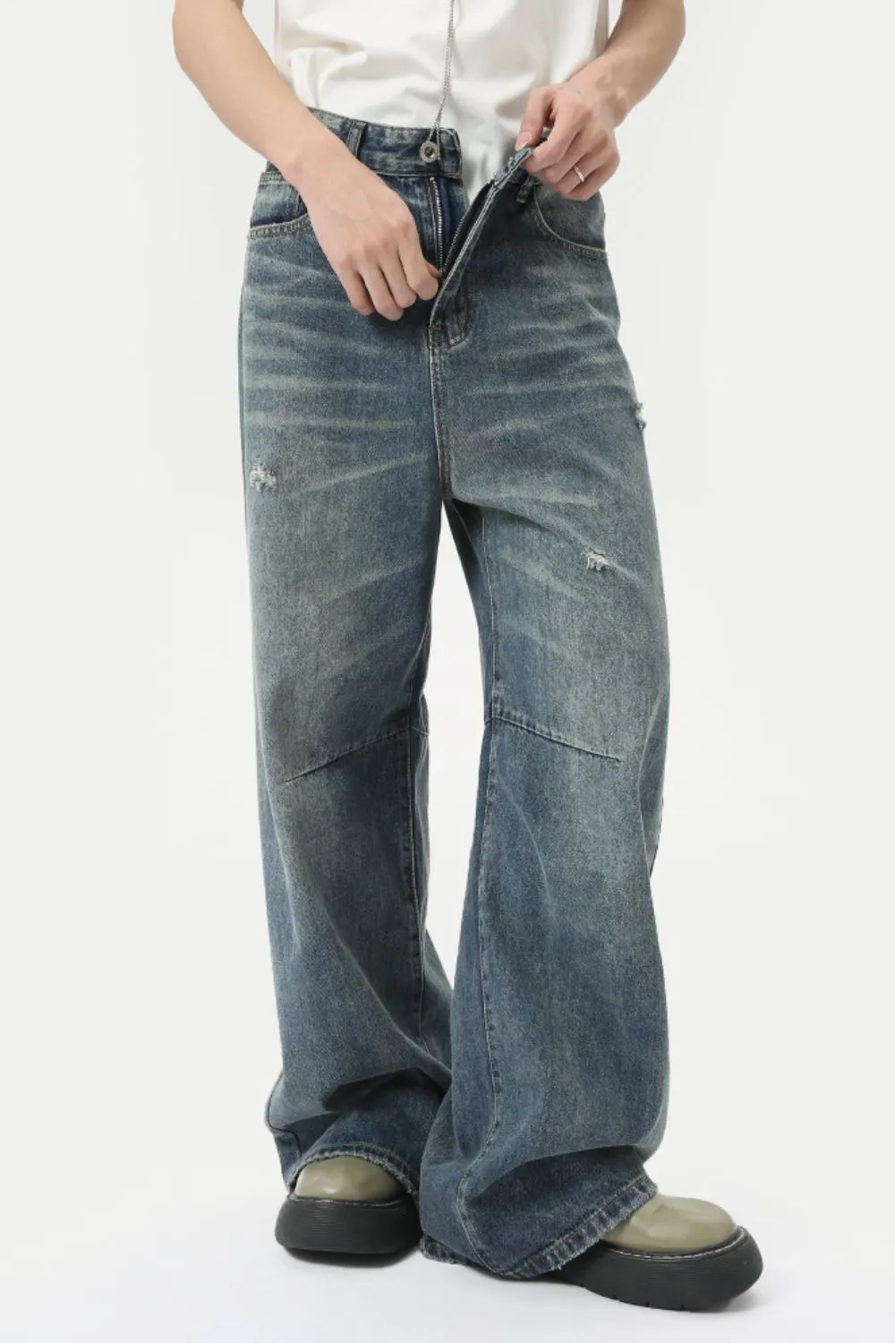 Distressed Wide Leg Men's Jeans with Pockets, image 3