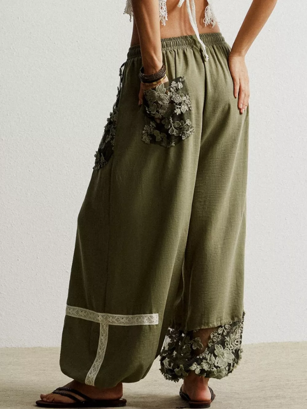 Lace Detail Drawstring Harem Pants, image 6