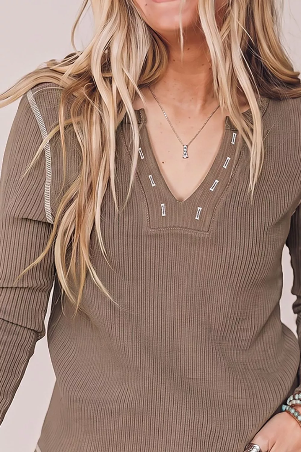 Ribbed Long Sleeve Top with Seam Detail, image 3