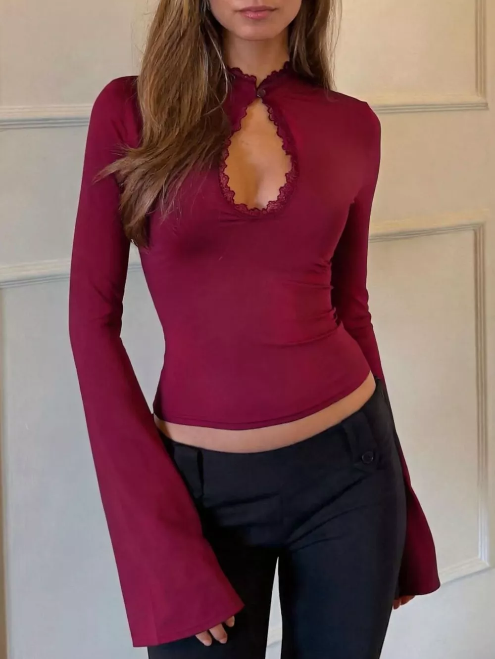 Lace-Trimmed Keyhole Long Sleeve T-Shirt, image 2
