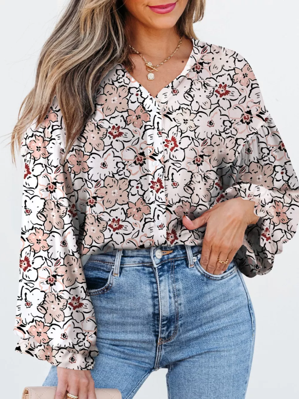 Floral Print Frilled Puff Sleeve Button Down Shirt, image 2