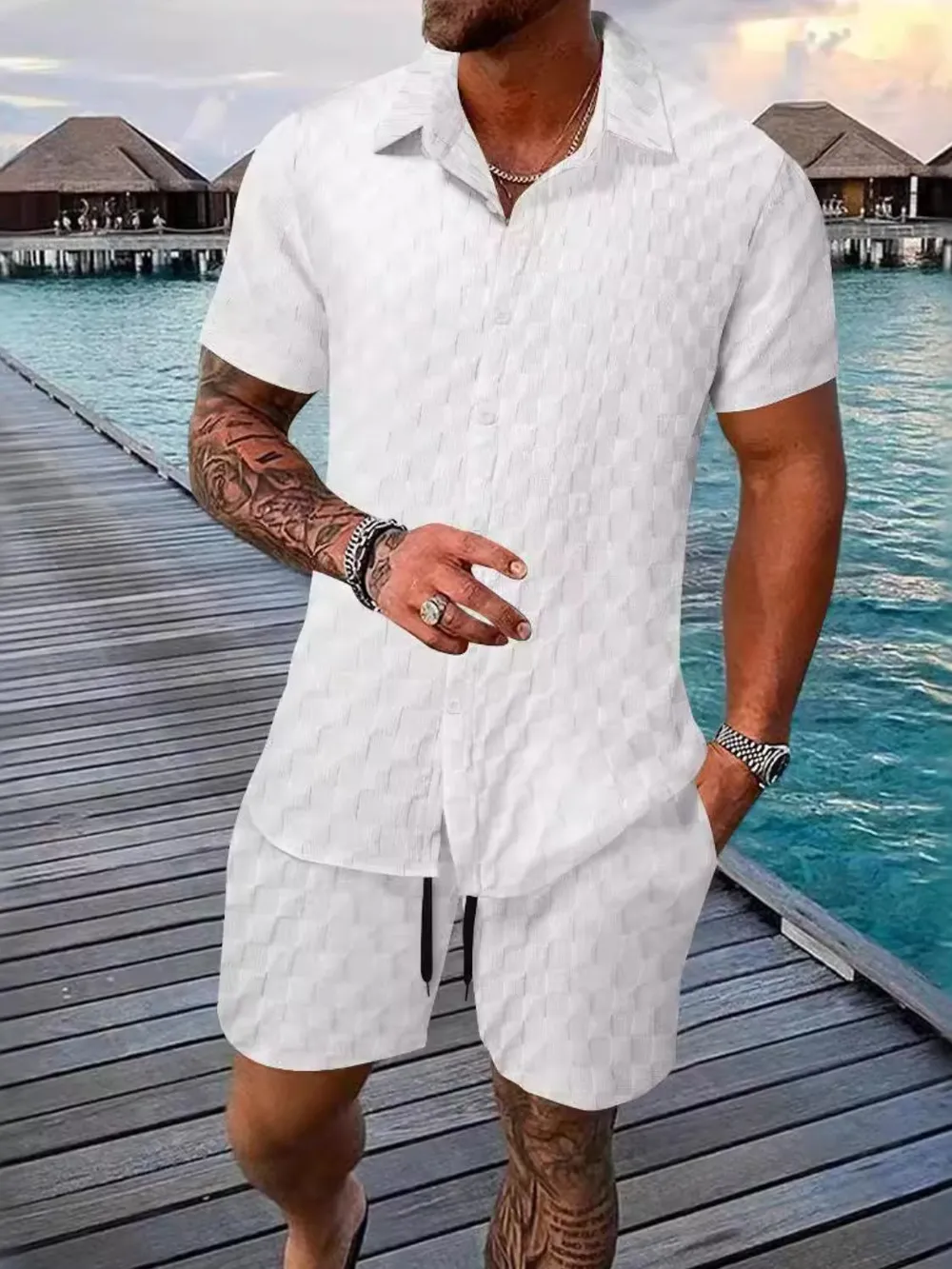 Men's Full Size Collared Neck Short Sleeve Top and Shorts Set Plus Size, image 5
