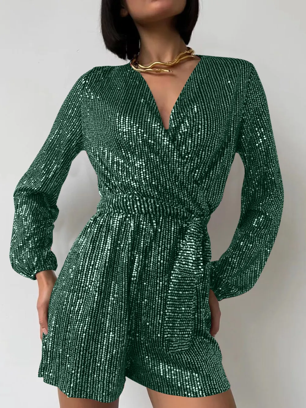 Full Size Sequin Surplice Tie Waist Long Sleeve Romper, image 12