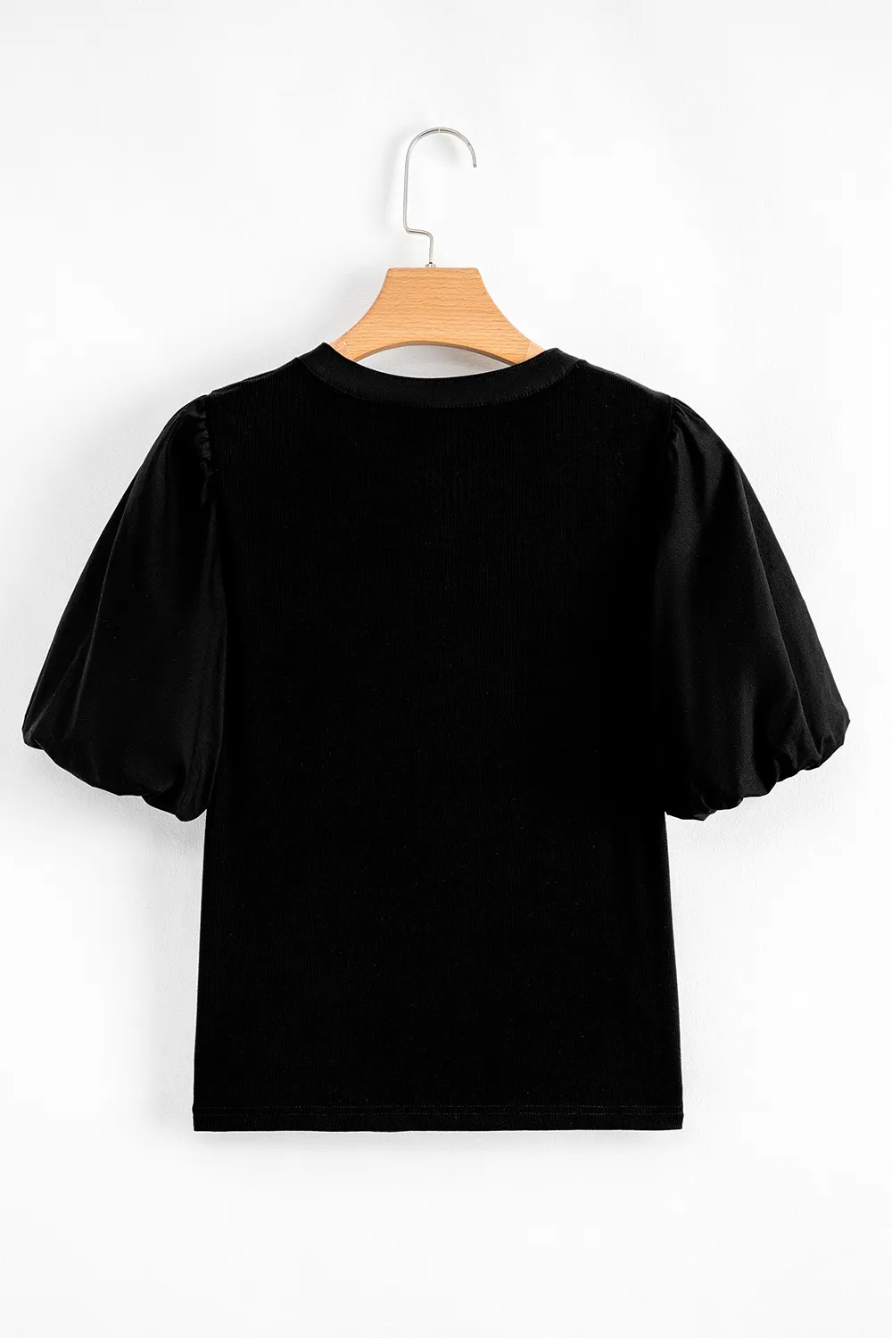 Ribbed Patchwork Puff Sleeve Half Button Placket Slim Fit Top, image 4