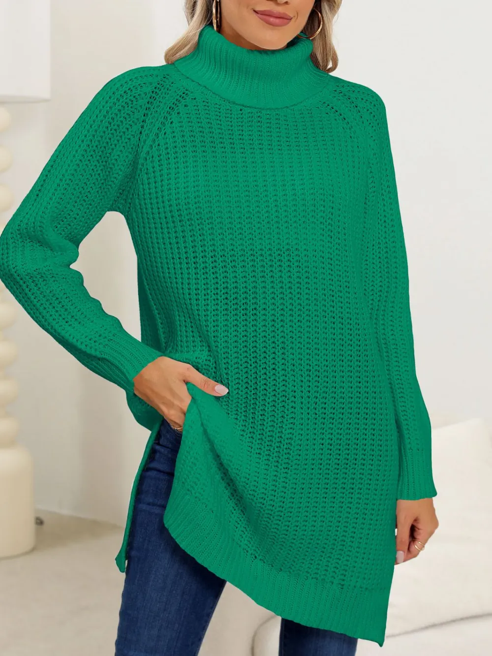 Slit Turtleneck Long Sleeve Sweater, image 10