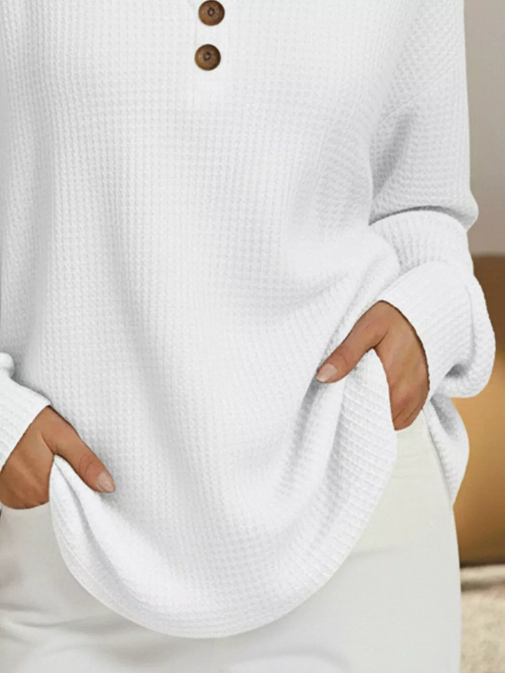 Full Size Casual Waffle Knit V-Neck Long Sleeve T-Shirt Plus Size, image 9