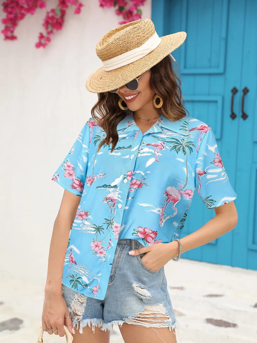 Printed Collared Neck Short Sleeve Shirt, image 9
