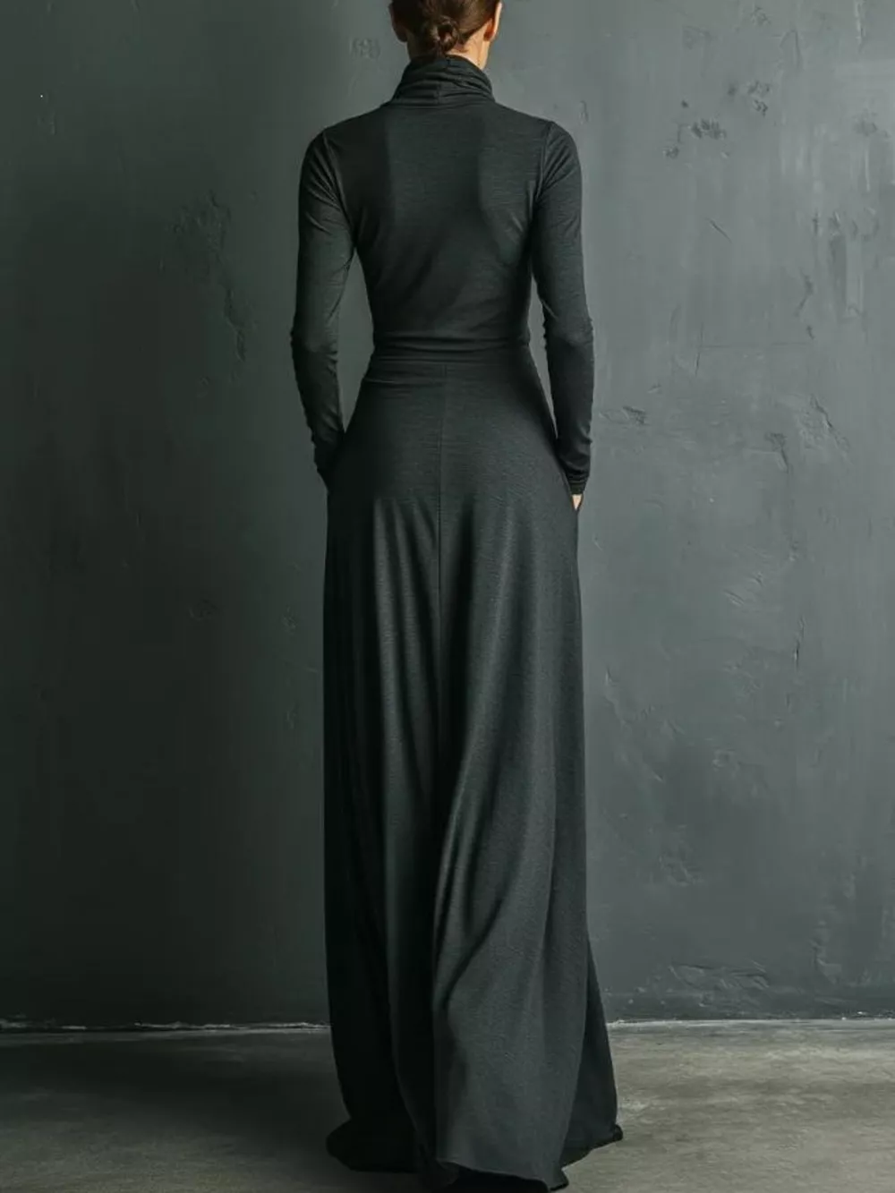 Turtleneck Long-Sleeve Draped Maxi Dress, image 3